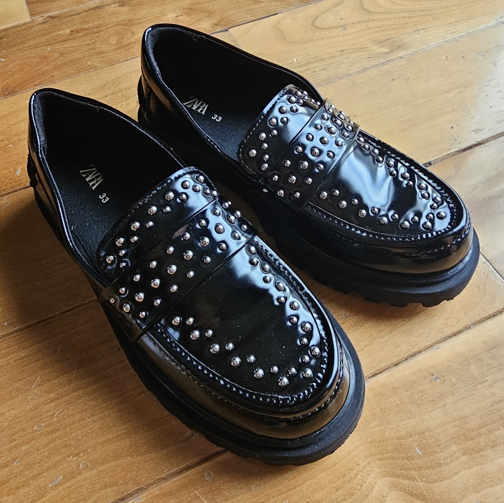 Zara Girls Black Loafers with Silver Studs